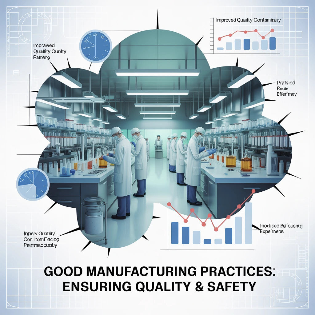 Good manufacturing practice implementation in pharmaceutical manufacturing process showing clean room facilities and quality control systems