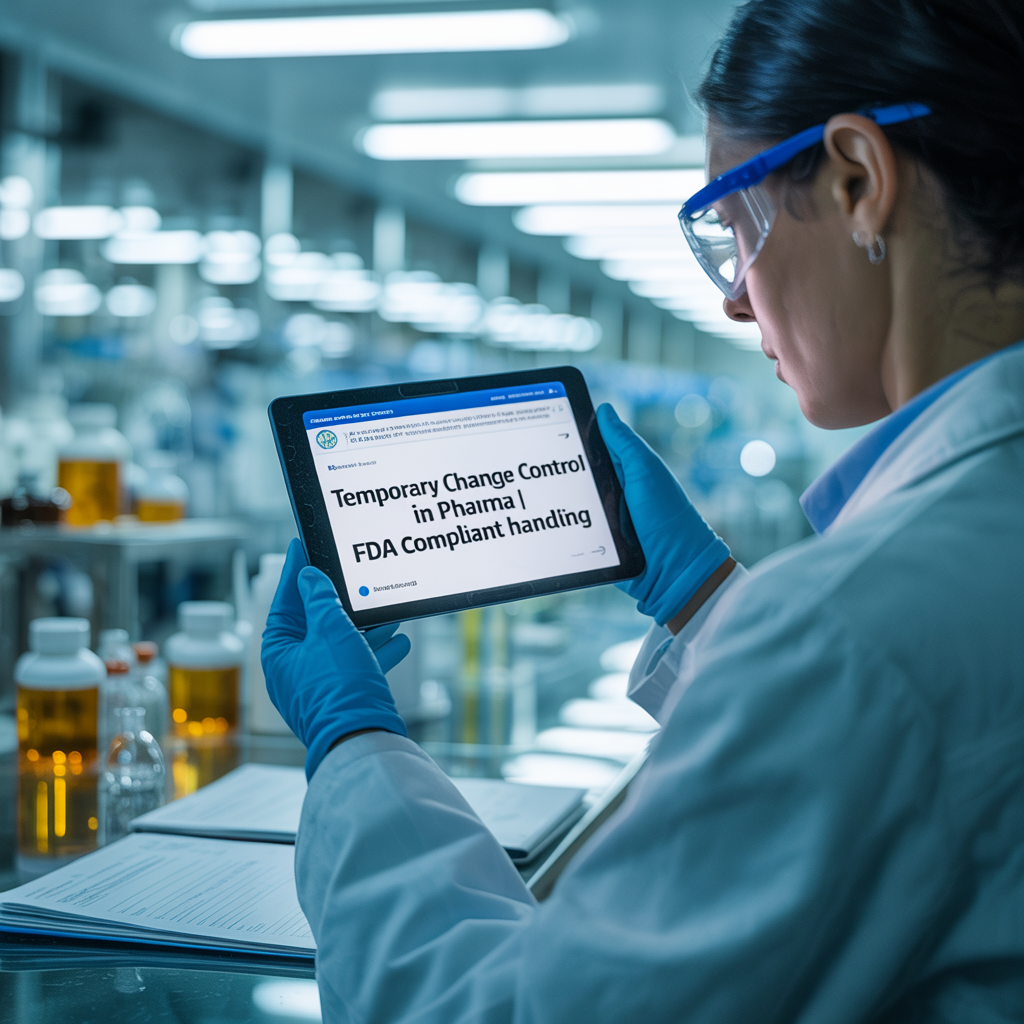Pharmaceutical team implementing temporary change control procedures to ensure GMP compliance during emergency operations