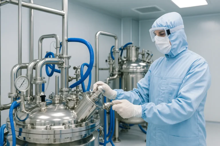 Biotech laboratory with scientists analyzing cell cultures and gene sequencing data