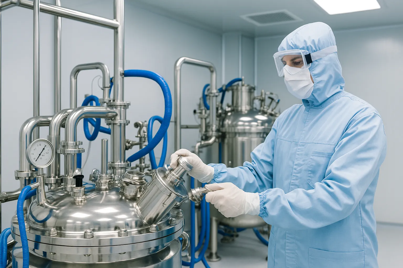 Biotech laboratory with scientists analyzing cell cultures and gene sequencing data