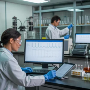 Analytical lab with assay validation, data review, and instrument qualification